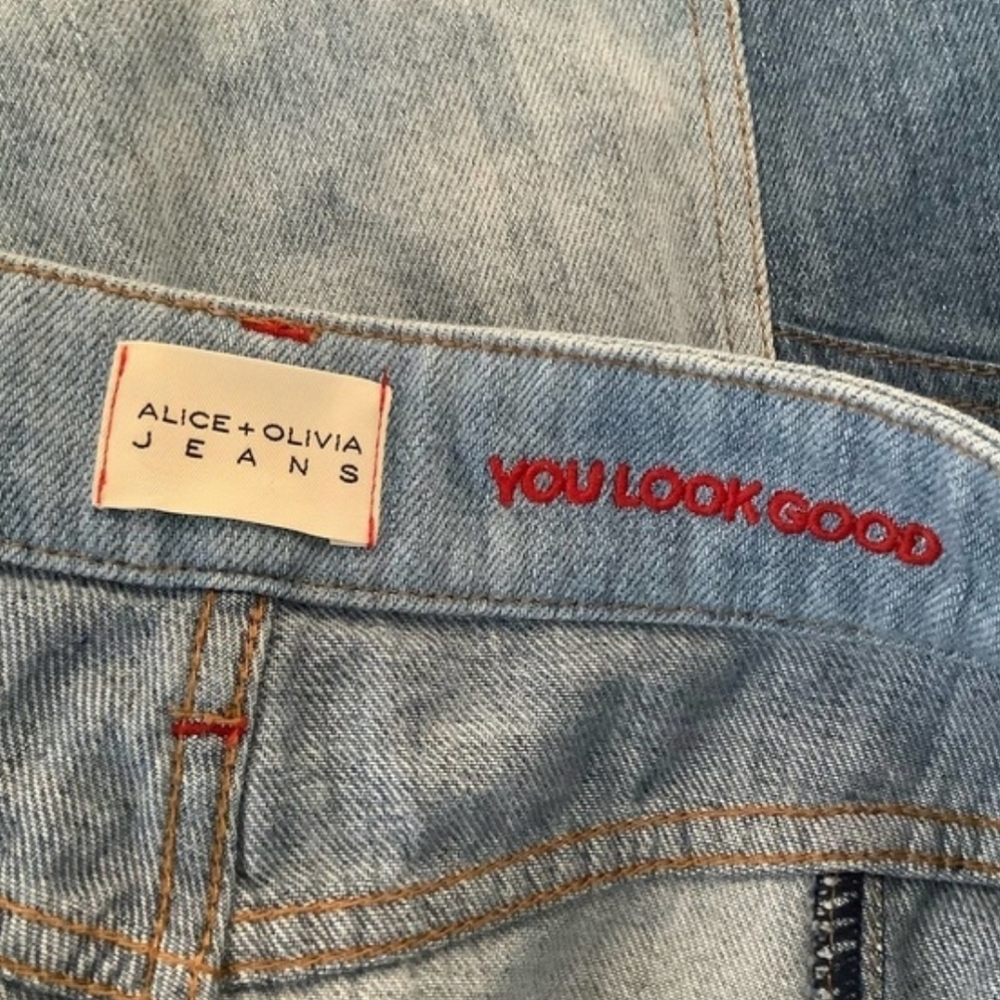Alice + Olivia Good High Rise Patchwork Denim Happy Go Lucky Button Front Mini - Picture 7 of 8